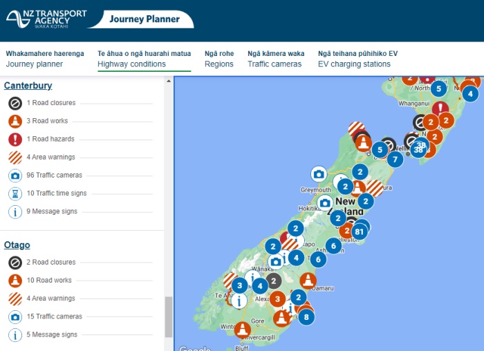 NZTAのNZ全国のハイウェイコンディションマップ