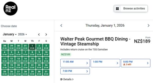 クイーンズタウンのTSSアースロー蒸気船とお勧めグルメBBQランチのオンライン予約ぺージ 
