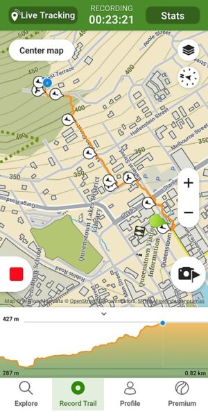 Wikiloc でのクイーンズタウンの町のThe Mall からクイーンズタウンヒルウォークの入り口までのトレイルマップ