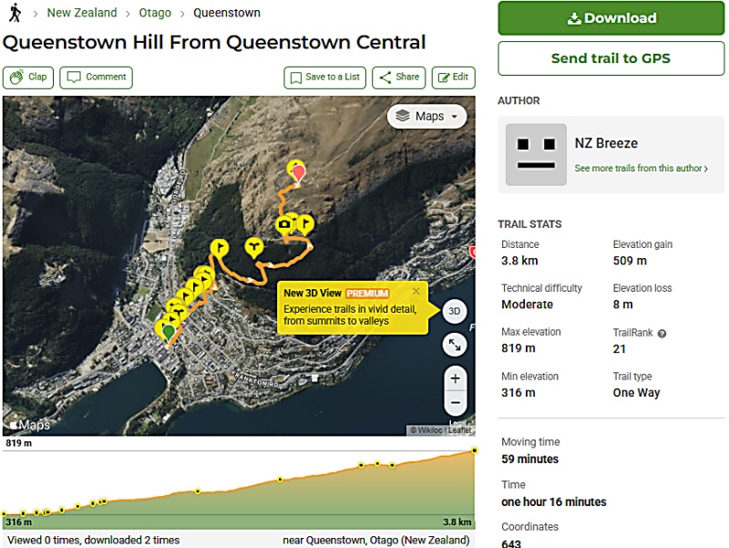 クイーンズタウン・ヒルへのクイーンズタウンの町の中；ザ・モール からの道のり/トレイルマップ、高低差表