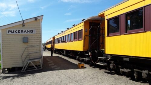 Pukerangi 駅に到着したタイエリ峡谷鉄道の車両