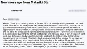 Matariki Star からのチェックアウト案内メール
