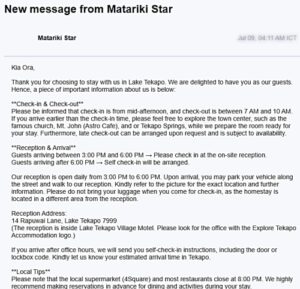 Agoda経由でのMatariki Starからの宿泊案内メール