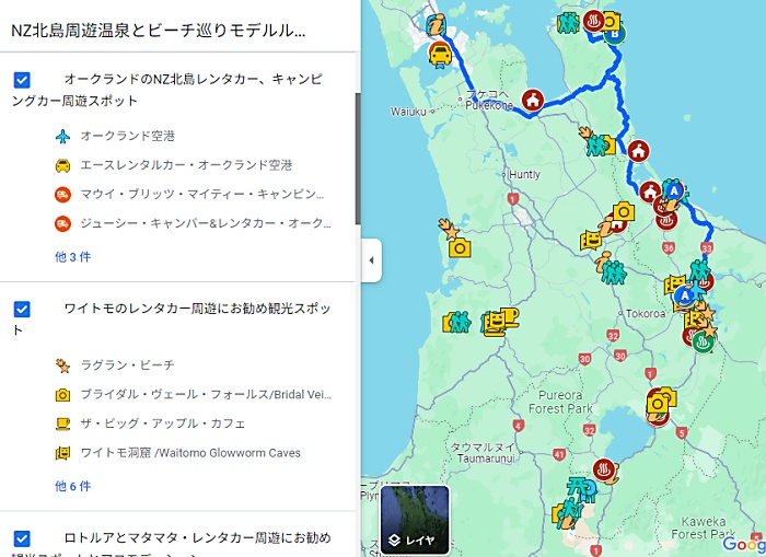 ロトルアのタラウェラ湖やコロマンデル半島含む星空撮影スポットも分かるNZ北島オークランドから南へのレンタカー周遊ルートマップ