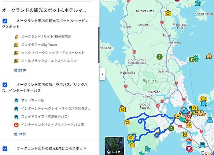 オークランド近郊、ピハビーチ、ムリワイビーチ、Shakespear Regional Parkを含む星空撮影スポットも分かるオークランド周辺のレンタカー観光マップ