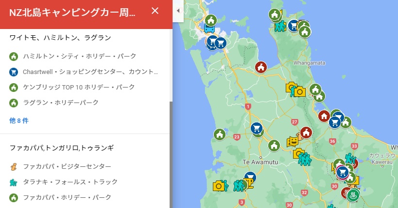 NZ北島キャンピングカー9日間周遊モデルコースマップ