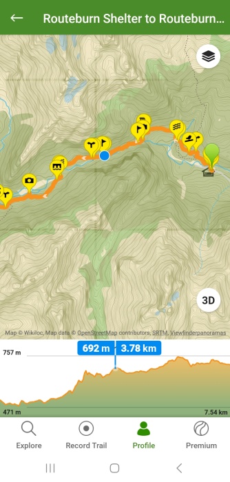 ルートバーン・シェルターからルートバーンフラット・ハットまで歩いた道のりのGPXデータダウンロード可能GPSマップ、高低差表