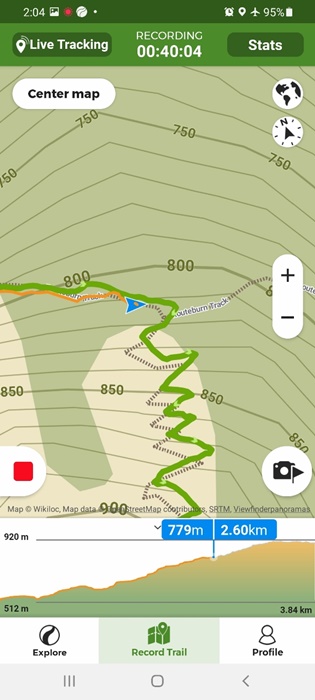 Wikilocアプリでのキーサミットナビ現在地の標高と残りの距離表示