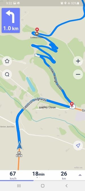 MapsMeアプリでクラウンレンジ峠への道のり表示