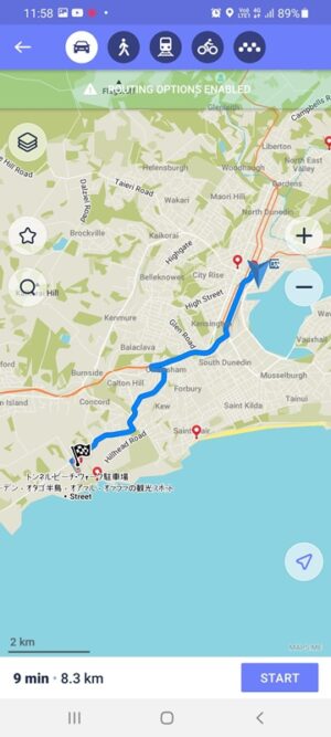 Mapsmeアプリでダニーデン市内からトンネルビーチまでのナビ経路スマホ表示