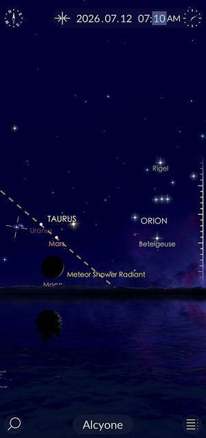26年7月12日AM07:10にマタリキの星団(星団の中の一番明るい星:Alcyone)をStar Wealk 2アプリでチャック