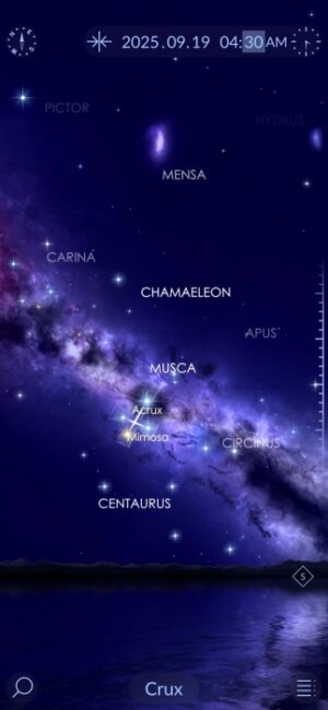 2025年9月19日AM04:30テカポでの南十字星の位置予想をスターウォーク２ アプリで表示