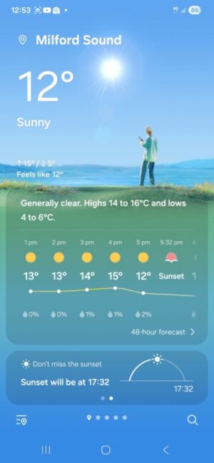 2026年5月14日、ミルフォードサウンドでのPM12:53の気温。この日の最低気温6度、最高気温15度の天気予報