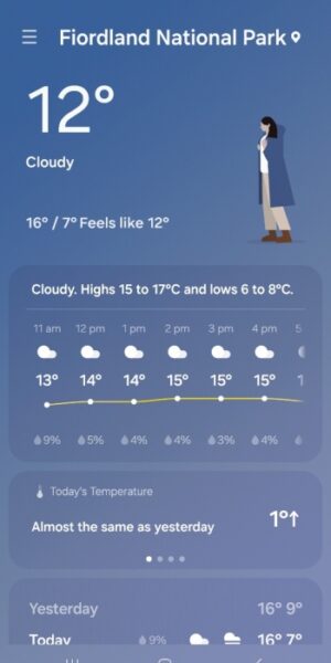 2025年4月29日、ミルフォードサウンドへの道のり途中AM11:00での気温。この日の最低気温7度、最高気温16度の天気予報
