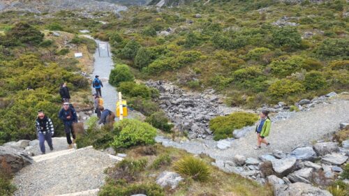 2番目のミューラー氷河湖ルックアウト Mount Sefton View Lookout まで歩きに来ているハイカー