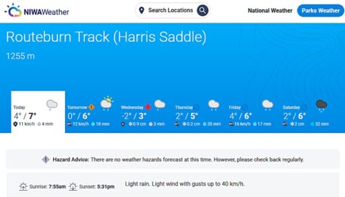 NIWAの天気予報サイト　ルートバーントラックでのハリスサドルの5日間天気予報