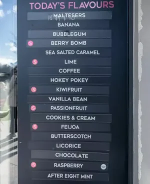 ワナカのBlack Peak Gelato の本日のフレイバー・メニュー