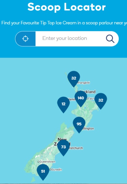 Tip Top のアイスクリームがスクープ売りされているお店の場所が分かるオンラインマップ