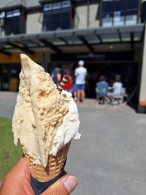 ワナカのBlack Peak Gelato のフェイジョアとティラミスの2スクープ、コーン選択ジェラート
