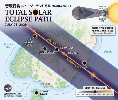 2028年7月22日皆既日食の中心線に位置するNZ国内観光地マップ