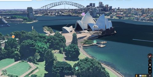 シドニーのオペラハウス、ハーバーブリッジを北北西に見上げたグーグルアース画面