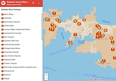 ワイヘキ島内のワイナリーグーグルマップ