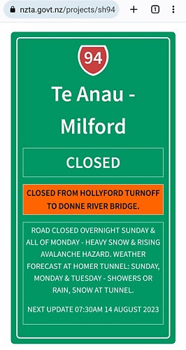 ミルフォードサウンドまでの道のり(94号線)の道路情報が分かるNZ道路管理局のサイトページ