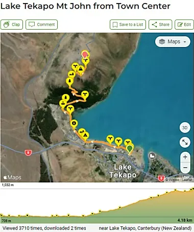 テカポ湖の町からマウントジョン天文台へのトレイルマップ
